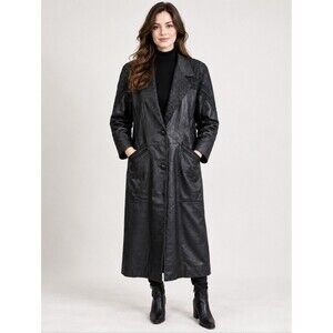 Vintage 1980s Leather Long Black Trench Coat Paisley Goth Cosplay Womens Size L